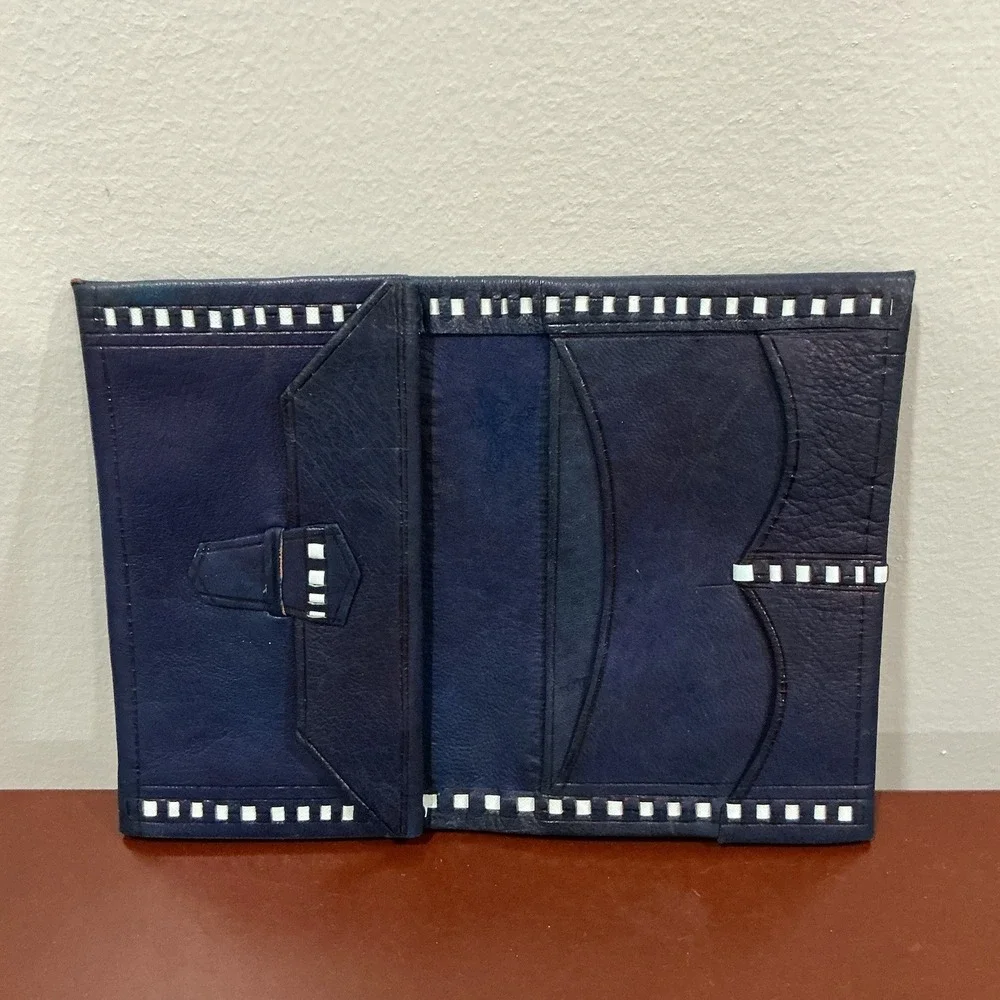 Wallet Moroccan‎ Leather Genuine carved Bi-fold Handmade Unisex Blue Medium
